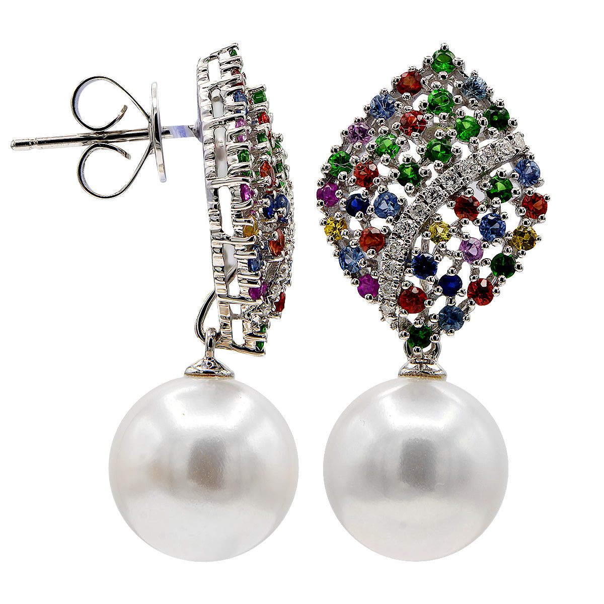 18K White Gold Sapphire Freshwater Pearl Earrings, 10-11mm, 1.32ct