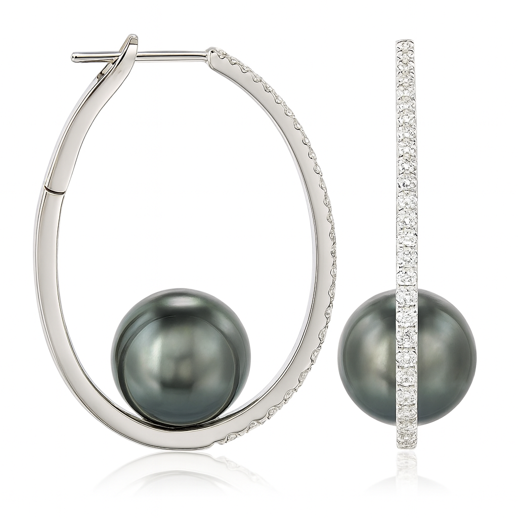 18K White Gold Tahitian Pearl Earrings, 10-11mm, 0.55ct