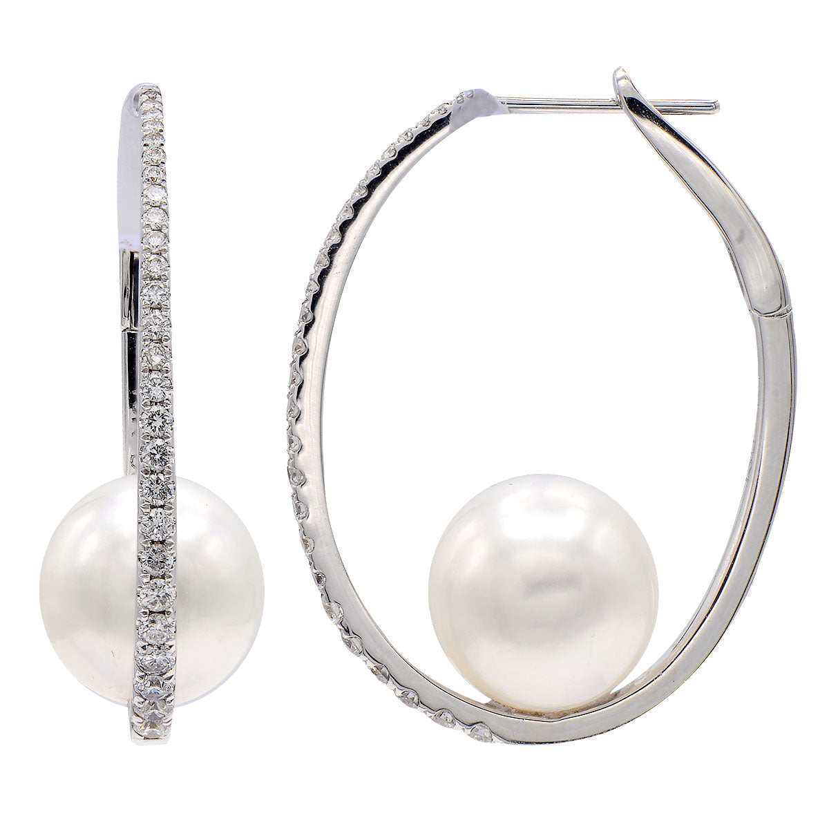 18KR Oval Freshwater Pearl and Diamond Earrings, 10-11mm