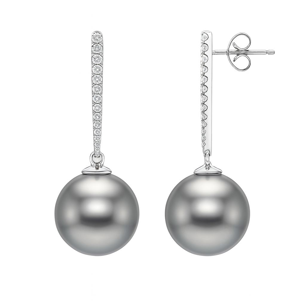 14K White Gold Tahitian Pearl Earrings, 10-11mm, 0.19ct