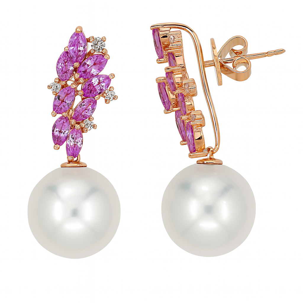 18K Rose Gold White Freshwater Pearl Earrings, 10-11mm, 2.37ct