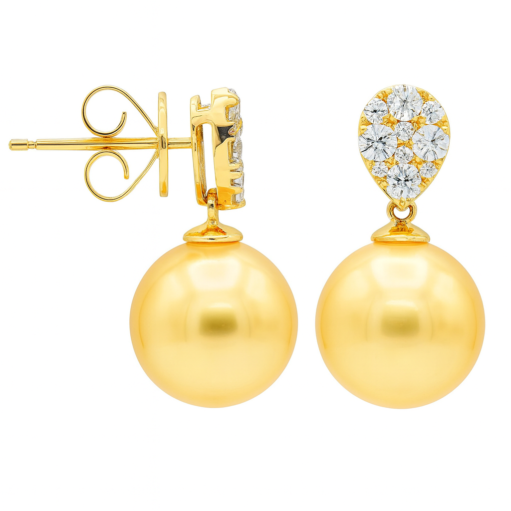 18K Yellow Gold Golden Pearl Earrings, 10-11mm, 0.54ct