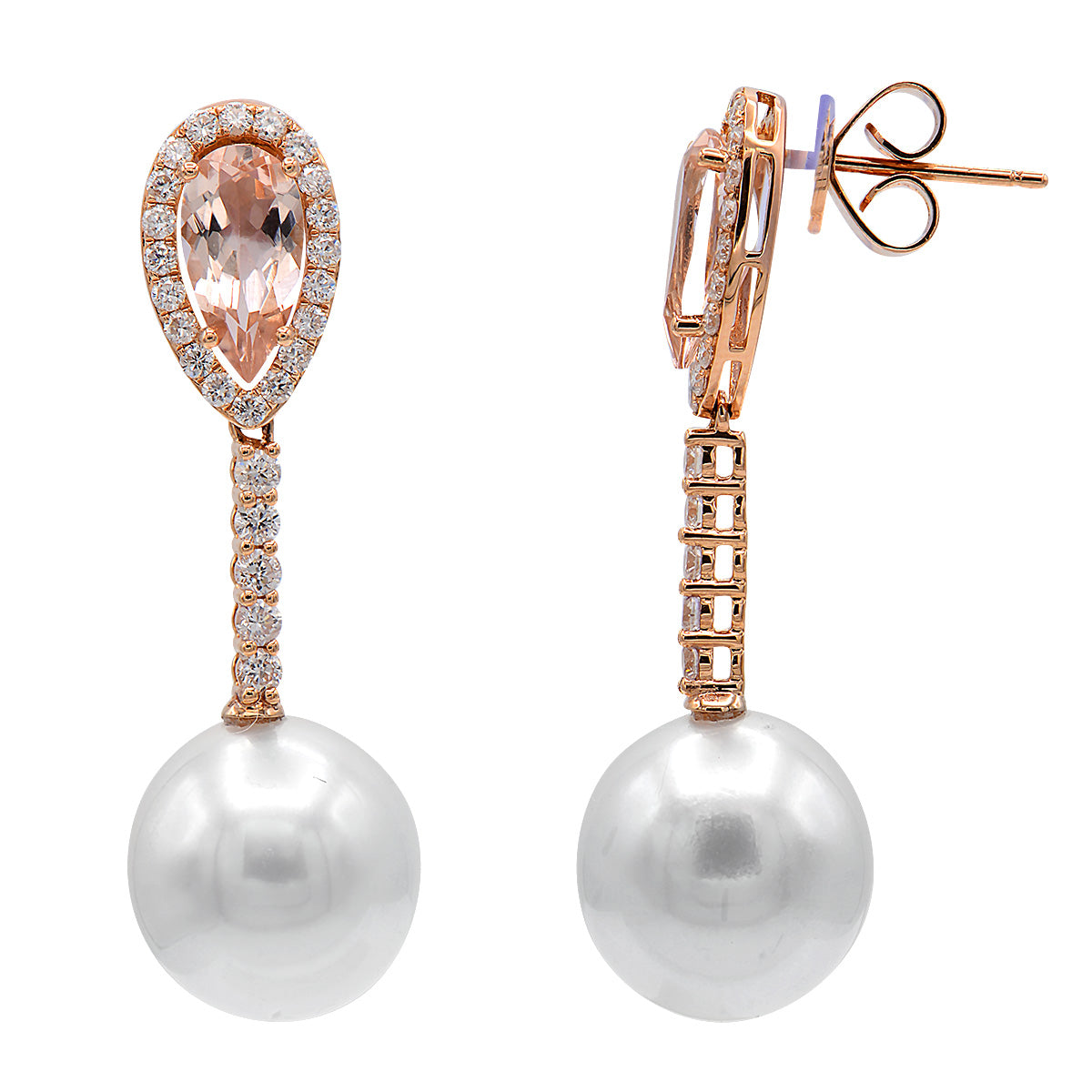 18KR White South Sea Pearl Earrings, 12-13mm