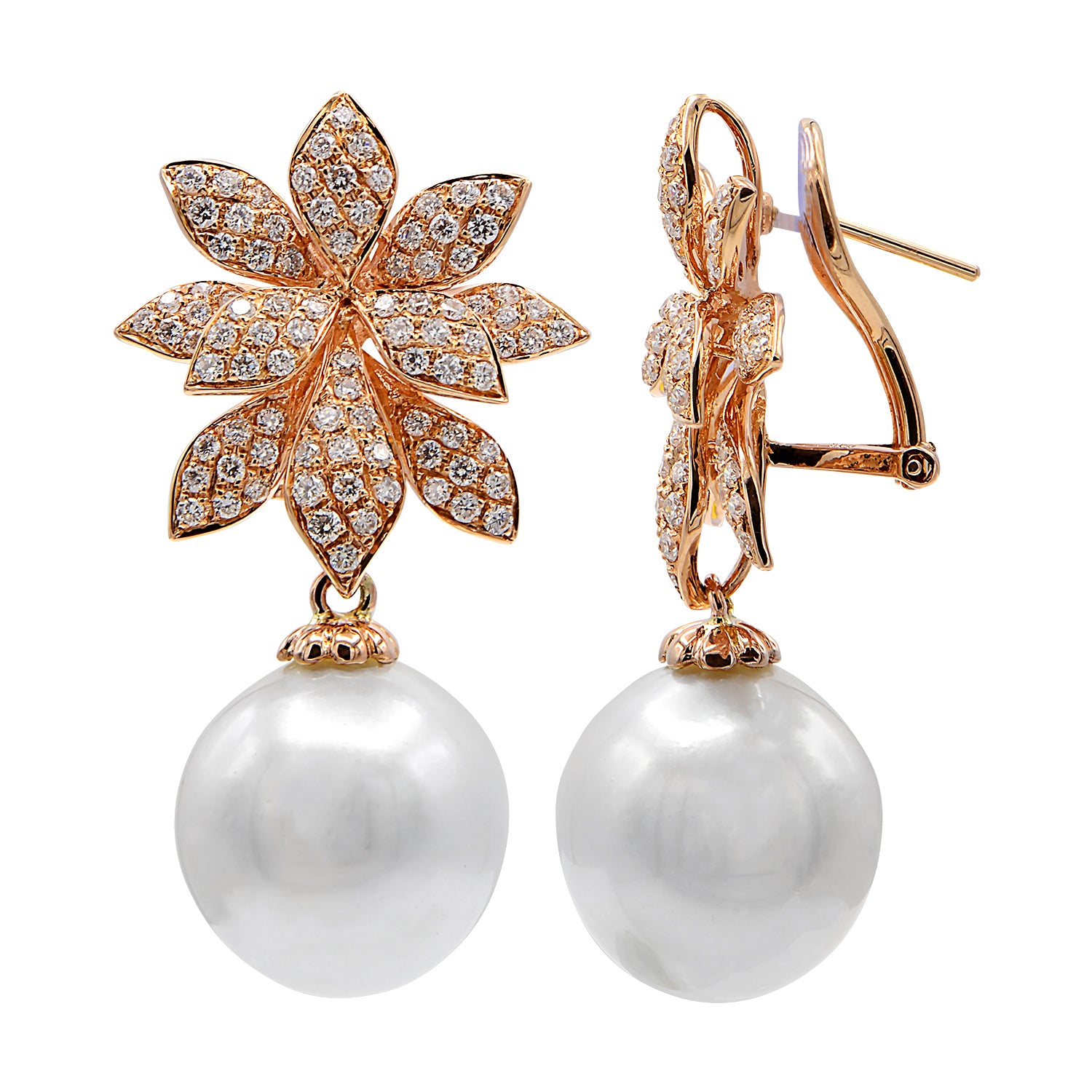 18KR White South Sea Pearl Earrings, 14-15mm