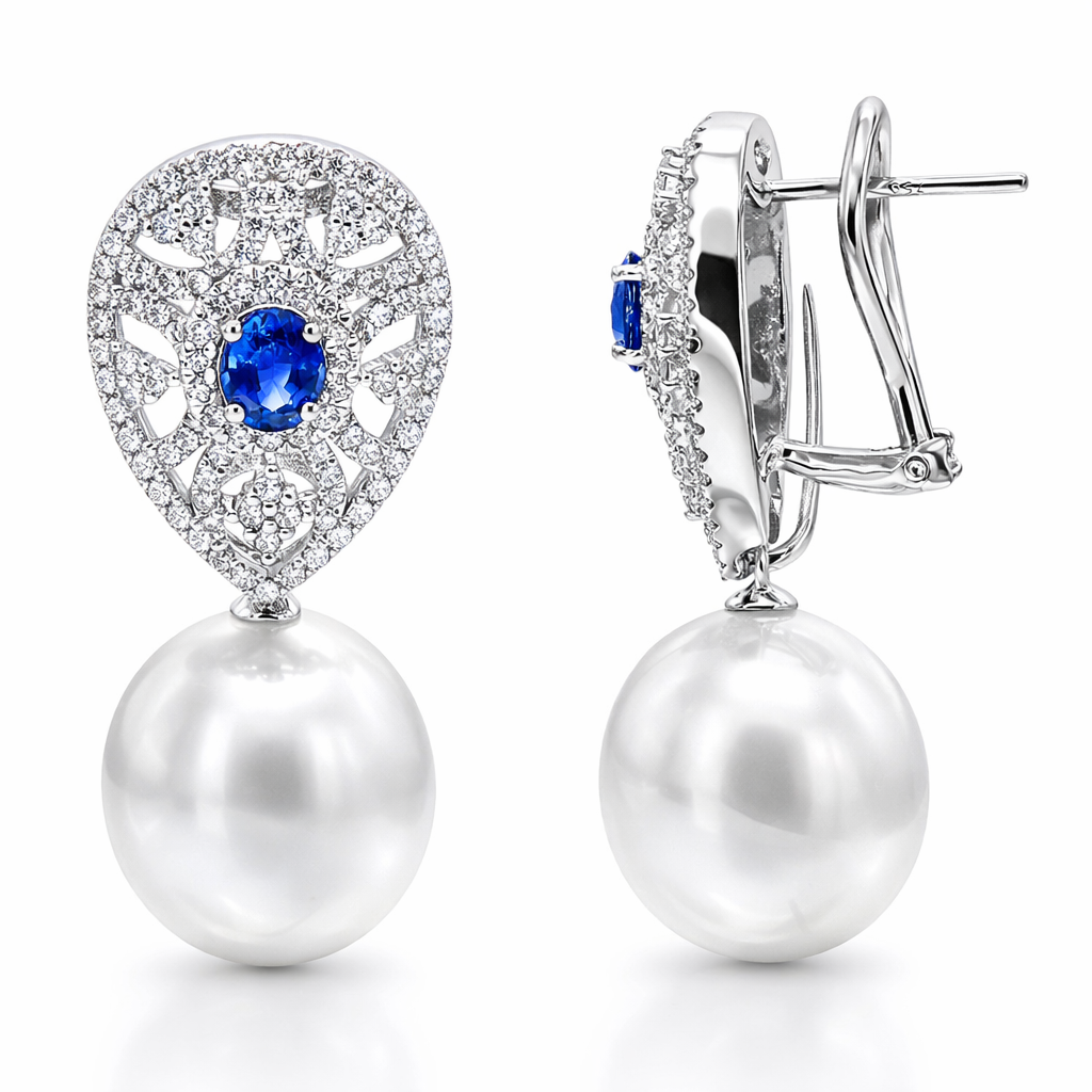 18K White Gold South Sea Pearl Earrings, 13-14mm, 0.92ct