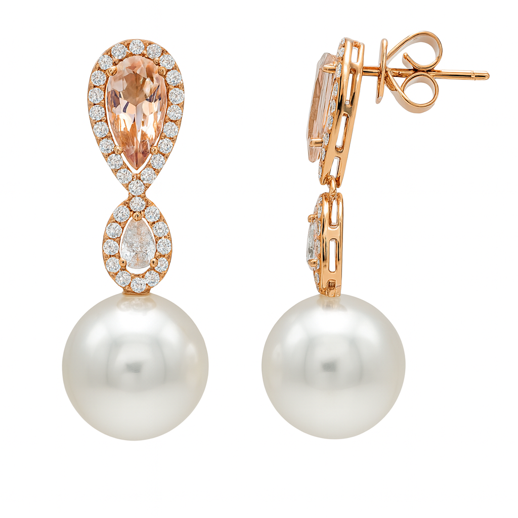 18K Rose Gold South Sea Pearl Earrings, 13-14mm, 1.88ct