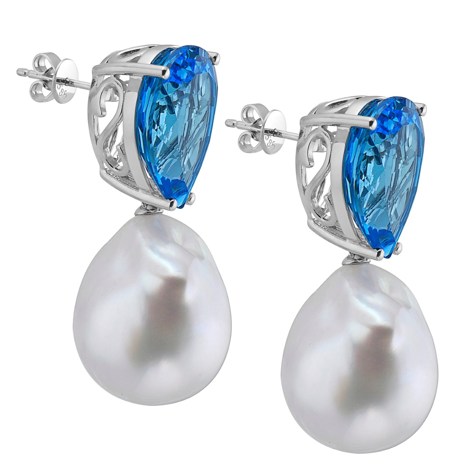 14K White Gold Swiss Blue Topaz Earrings, 15-16mm, 20.79ct