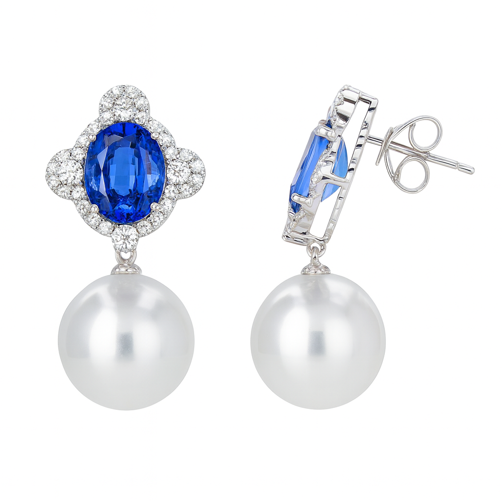 18K White Gold White South Sea Pearl Earrings, 13-14mm, 7.25ct