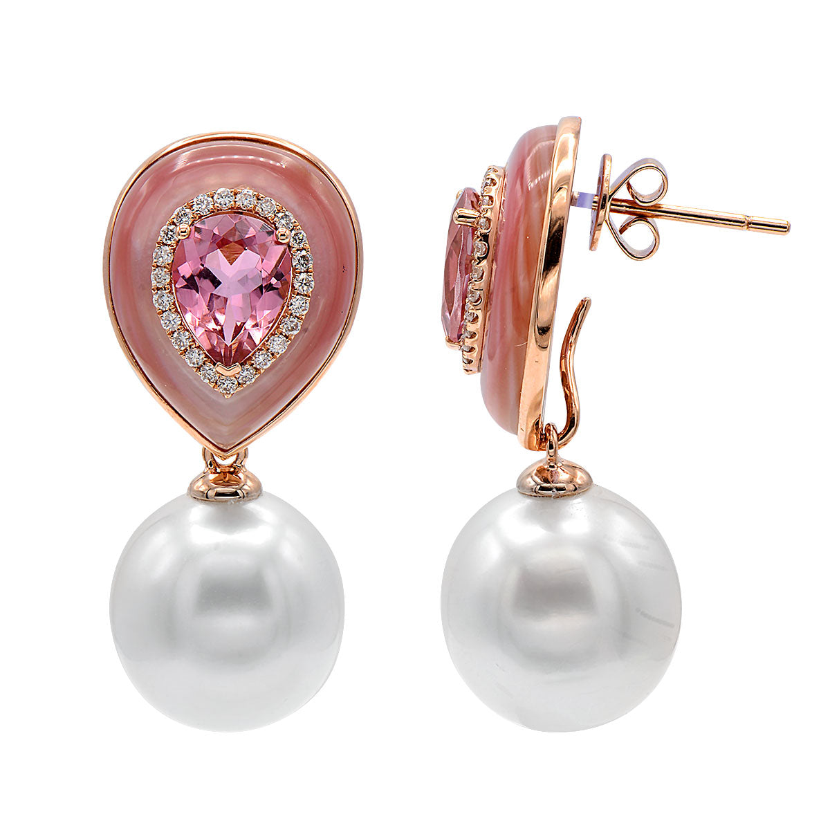 18KR White South Sea Pearl Earrings, 13-14mm