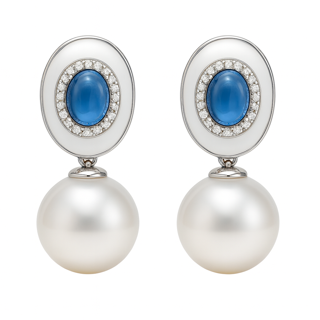 18K White Gold Blue Topaz Agate Earrings, 13-14mm, 3.71ct