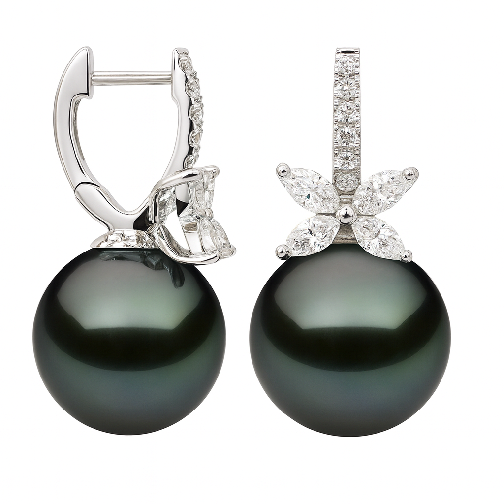 18K White Gold Tahitian Pearl Earrings, 13-14mm, 0.79ct