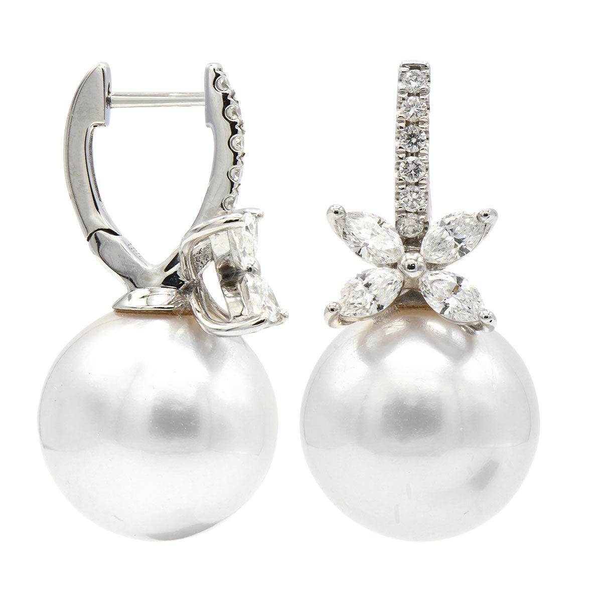 18KW White South Sea Pearl Earrings, 13-14mm