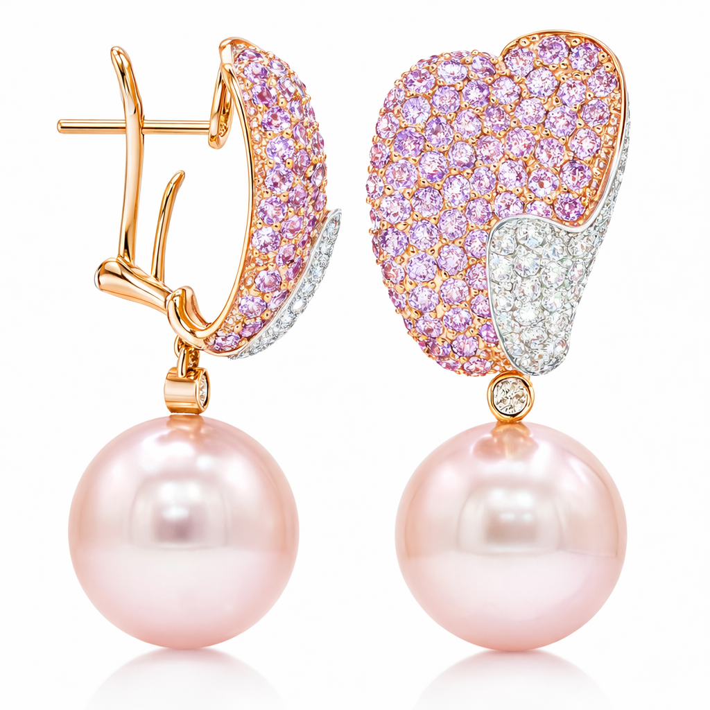 18K Rose Gold Freshwater Pearl Earrings, 14-15mm, 4.35ct