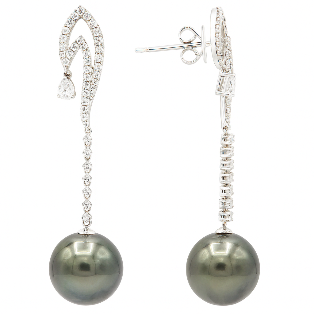 18K White Gold Tahitian Pearl Earrings, 12-13mm, 0.86ct