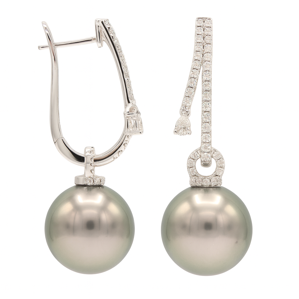 18K White Gold Tahitian Pearl Earrings, 13-14mm, 0.79ct