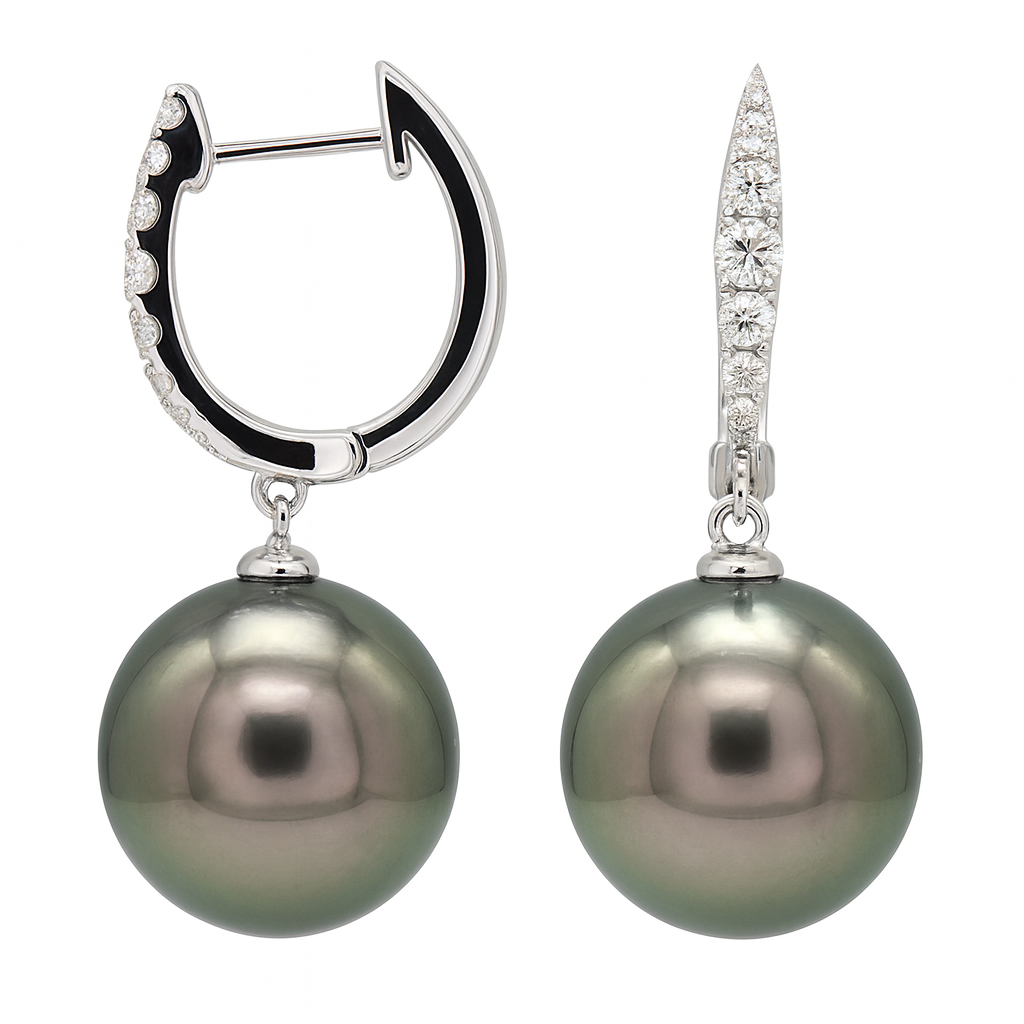18K White Gold Diamond Tahitian Pearl Earrings, 11-12mm, 0.26ct