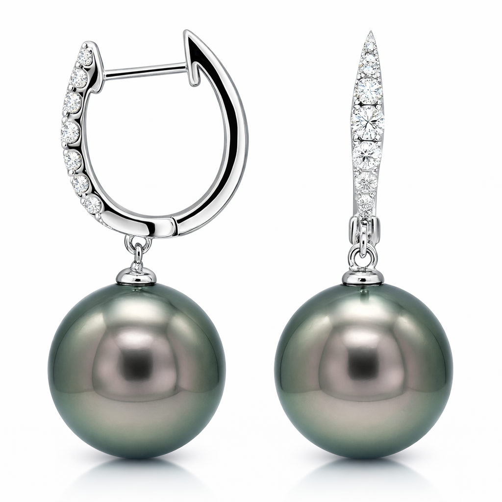 18K White Gold Diamond Tahitian Pearl Earrings, 11-12mm, 0.26ct