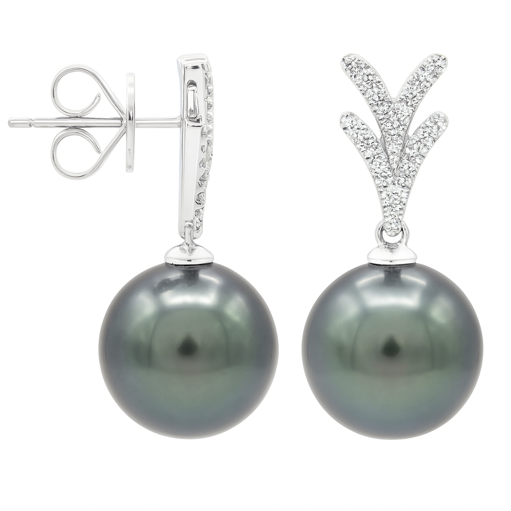 18K White Gold Tahitian Pearl Earrings, 11-12mm, 0.26ct