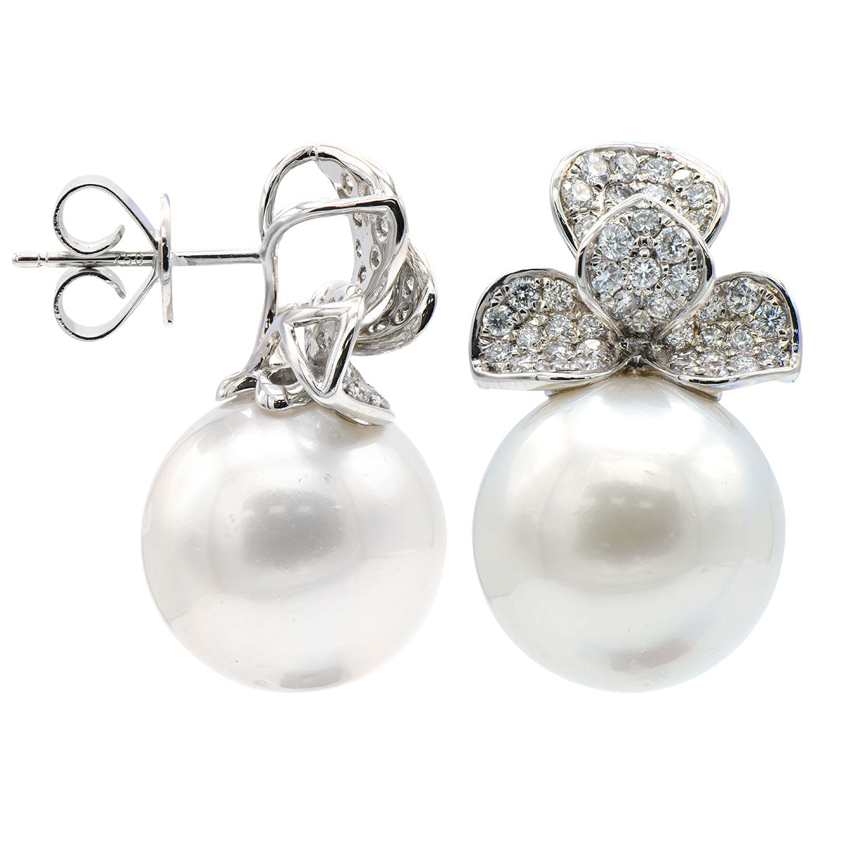 18KW White South Sea Pearl Earrings, 13-14mm