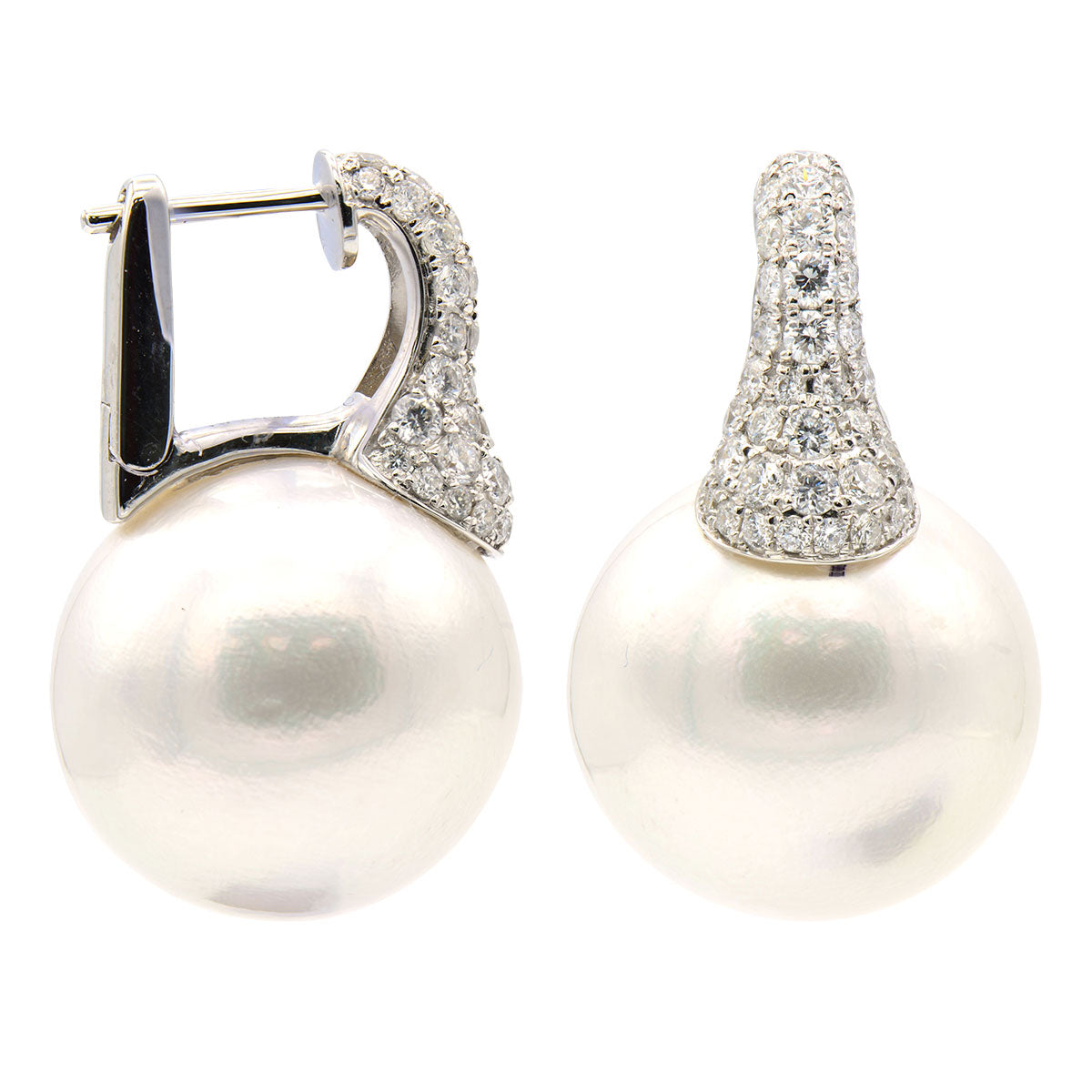 18KW White South Sea Pearl Earrings, 14-15mm
