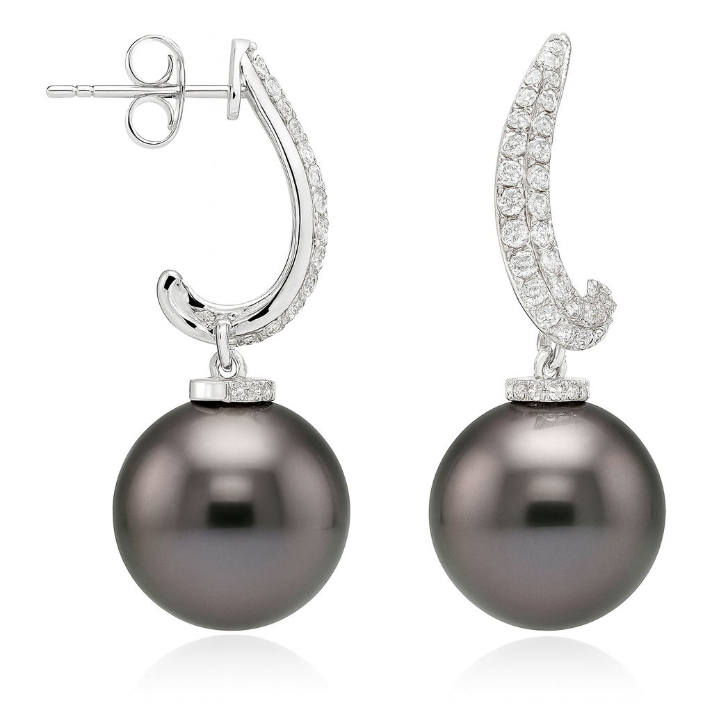 18K White Gold Tahitian Pearl Earrings, 12-13mm, 0.47ct