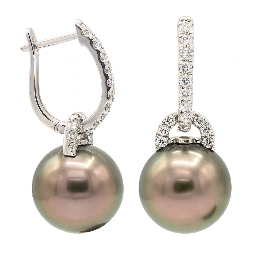 18K White Gold Tahitian Pearl Earrings, 12-13mm, 0.41ct