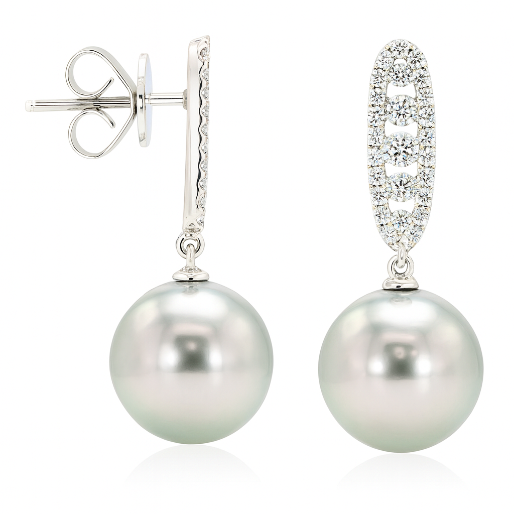 18K White Gold Tahitian Pearl Earrings, 11-12mm, 0.45ct