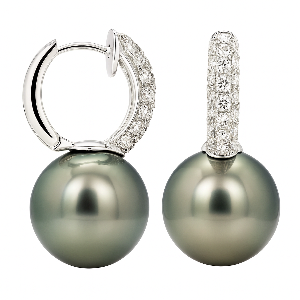18K White Gold Tahitian Pearl Earrings, 12-13mm, 0.7ct