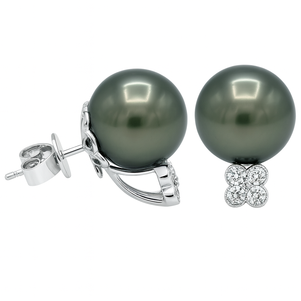 18K White Gold Tahitian Pearl Earrings, 12-13mm, 0.3ct