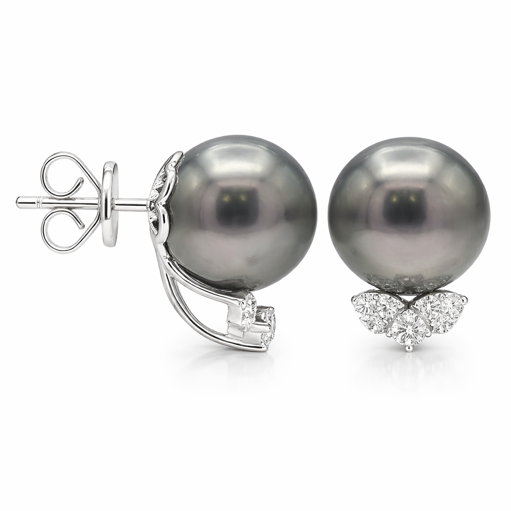 18K White Gold Tahitian Pearl Earrings, 12-13mm, 0.3ct