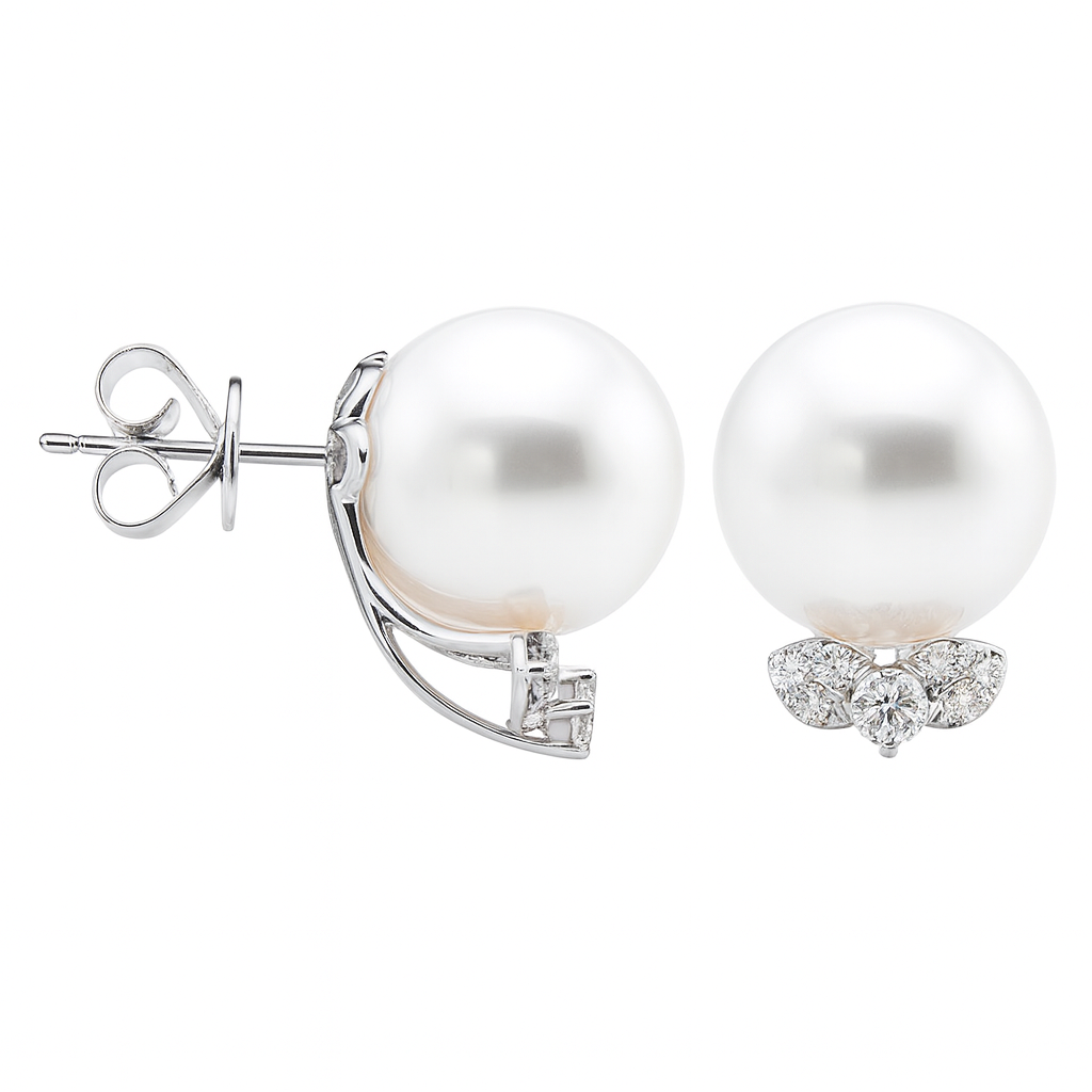 18K White Gold South Sea Pearl Earrings, 12-13mm, 0.3ct