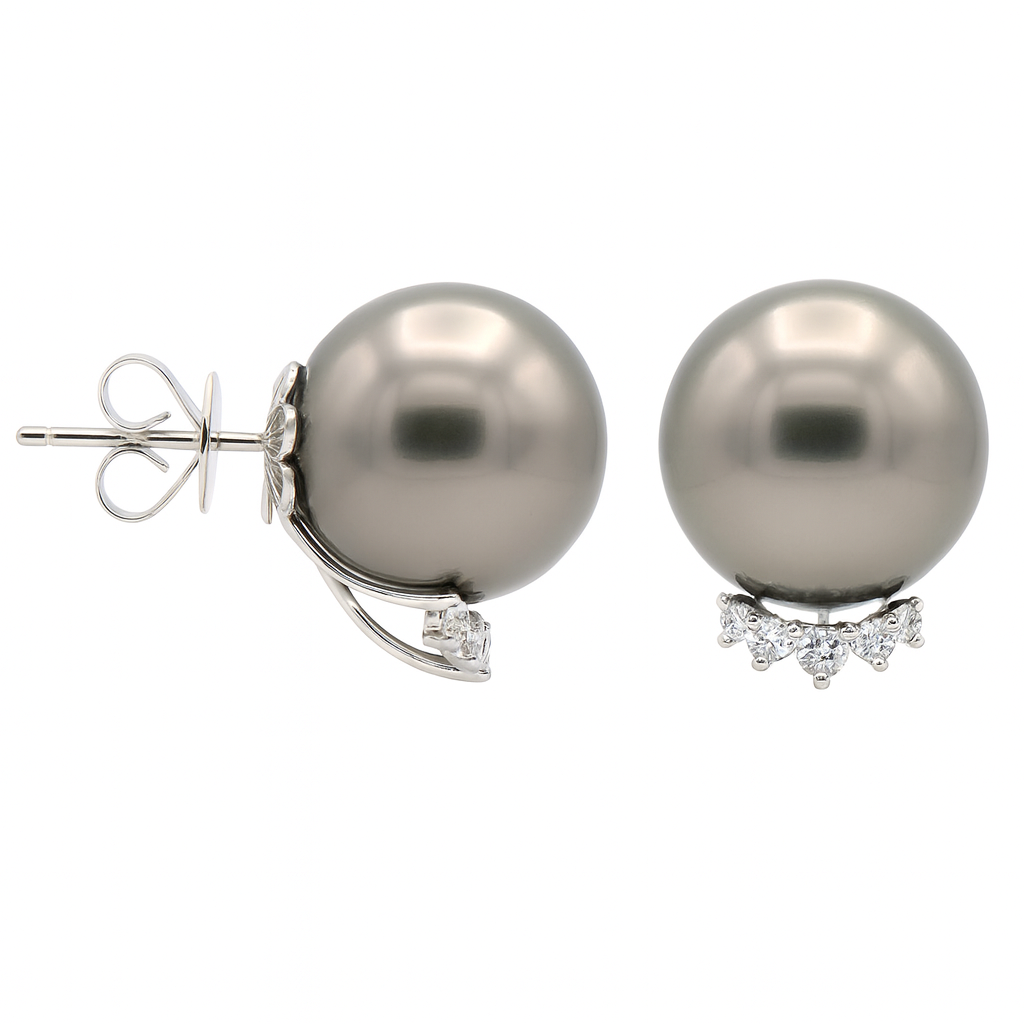 18K White Gold Tahitian Pearl Earrings, 14-15mm, 0.24ct