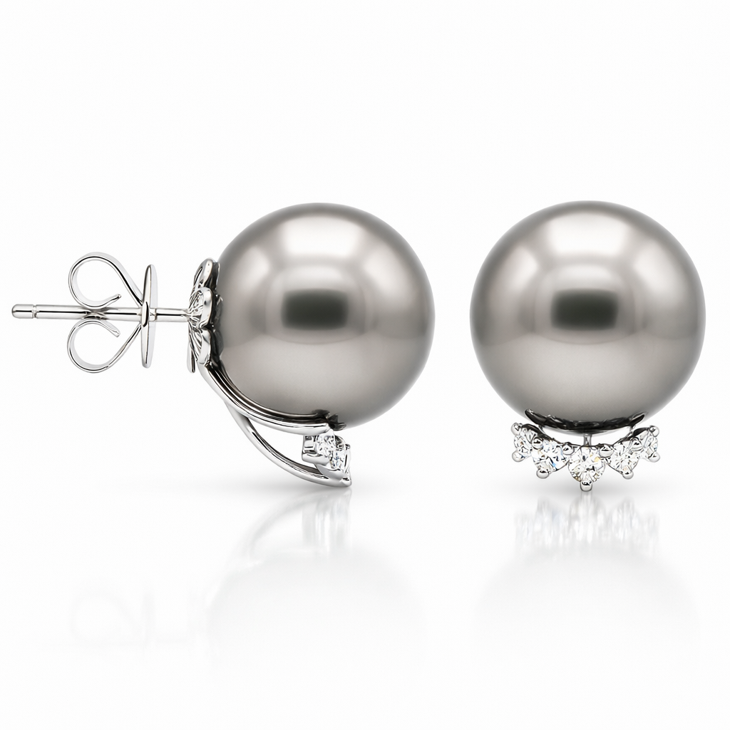 18K White Gold Tahitian Pearl Earrings, 14-15mm, 0.24ct