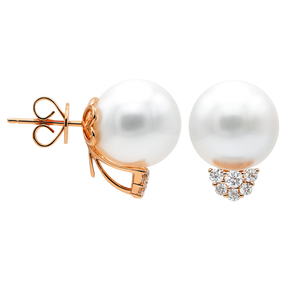 18K Rose Gold South Sea Pearl Earrings, 12-13mm, 0.35ct