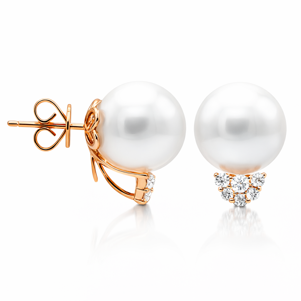 18K Rose Gold South Sea Pearl Earrings, 12-13mm, 0.35ct