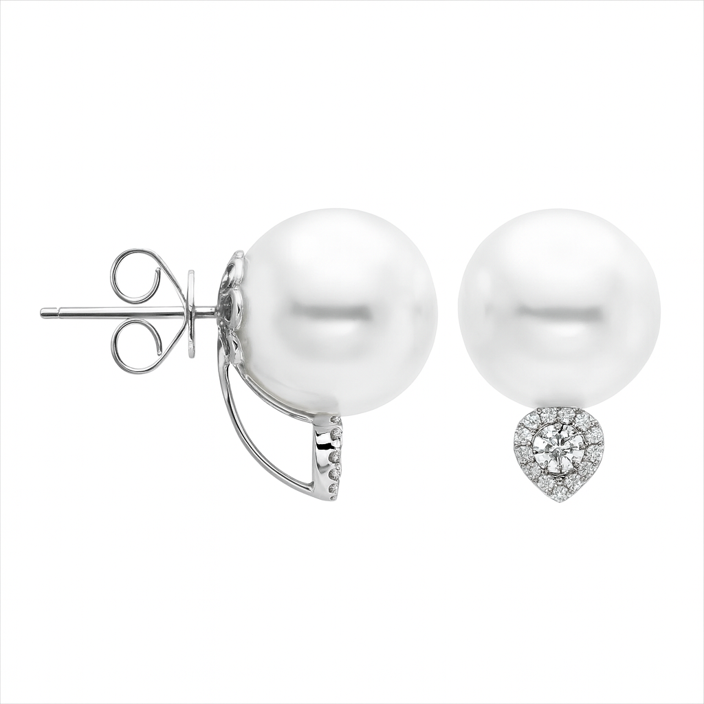 18K White Gold Pearl Earrings, 12-13mm, 0.27ct