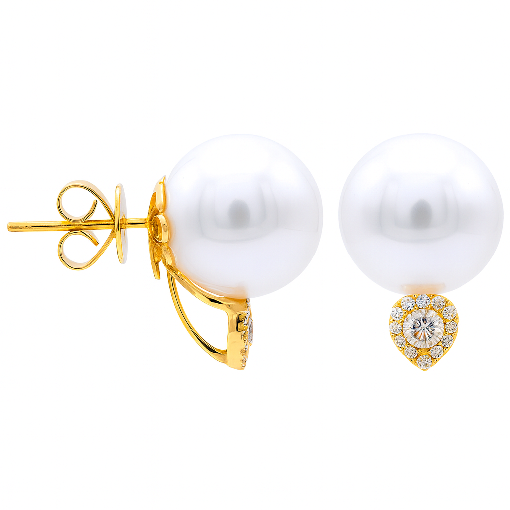 18K Yellow Gold South Sea Pearl Earrings, 12-13mm, 0.27ct