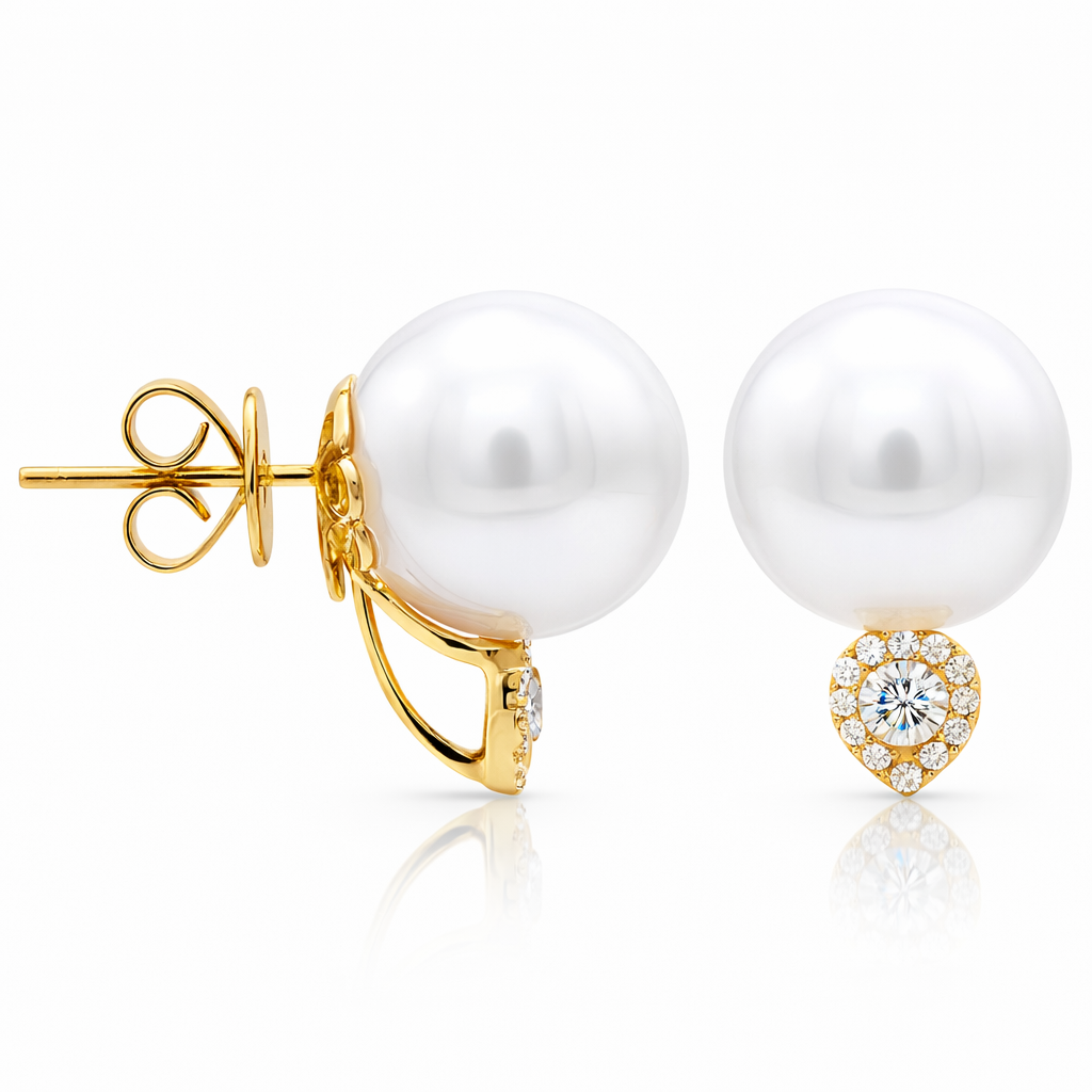 18K Yellow Gold South Sea Pearl Earrings, 12-13mm, 0.27ct