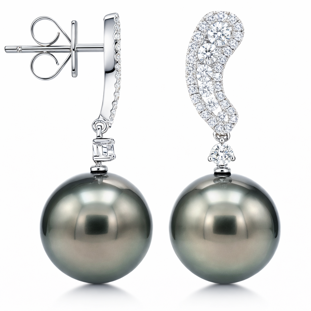 18K White Gold Tahitian Pearl Earrings, 12-13mm, 0.6ct
