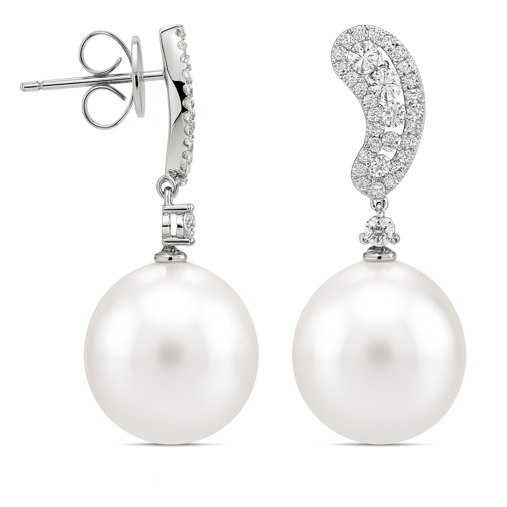 18K White Gold Freshwater Pearl Earrings, 12-13mm, 0.6ct