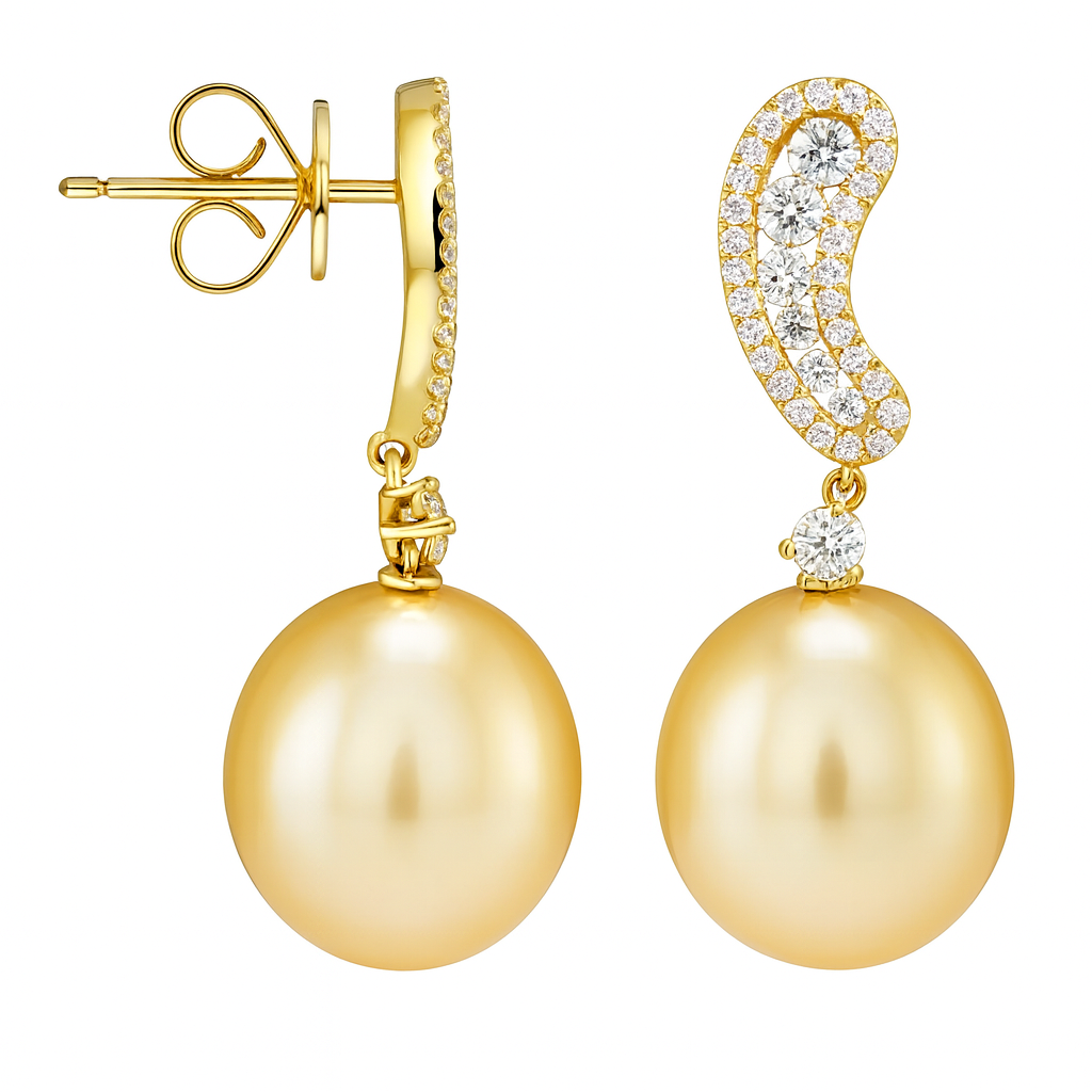 18K Yellow Gold South Sea Pearl Earrings, 12-13mm, 0.6ct