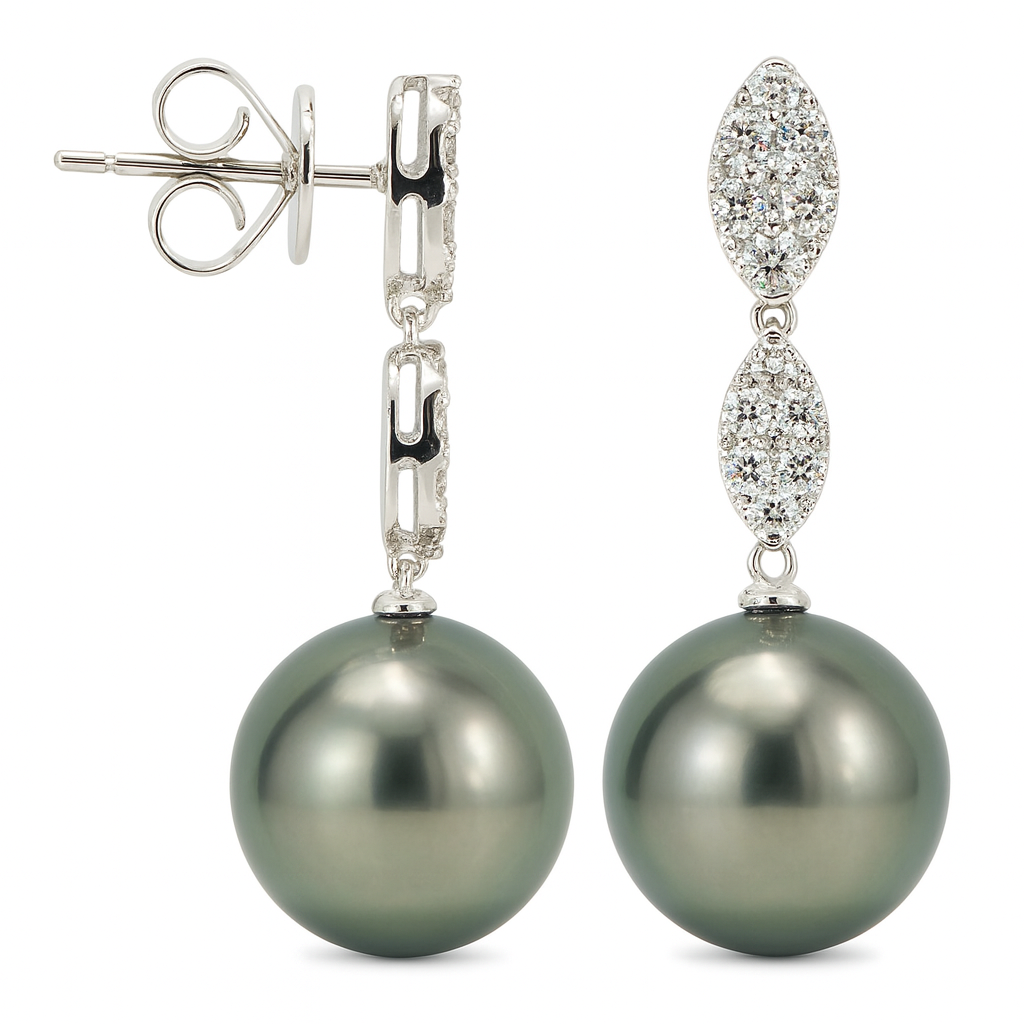 18K White Gold Tahitian Pearl Earrings, 11-12mm, 0.45ct