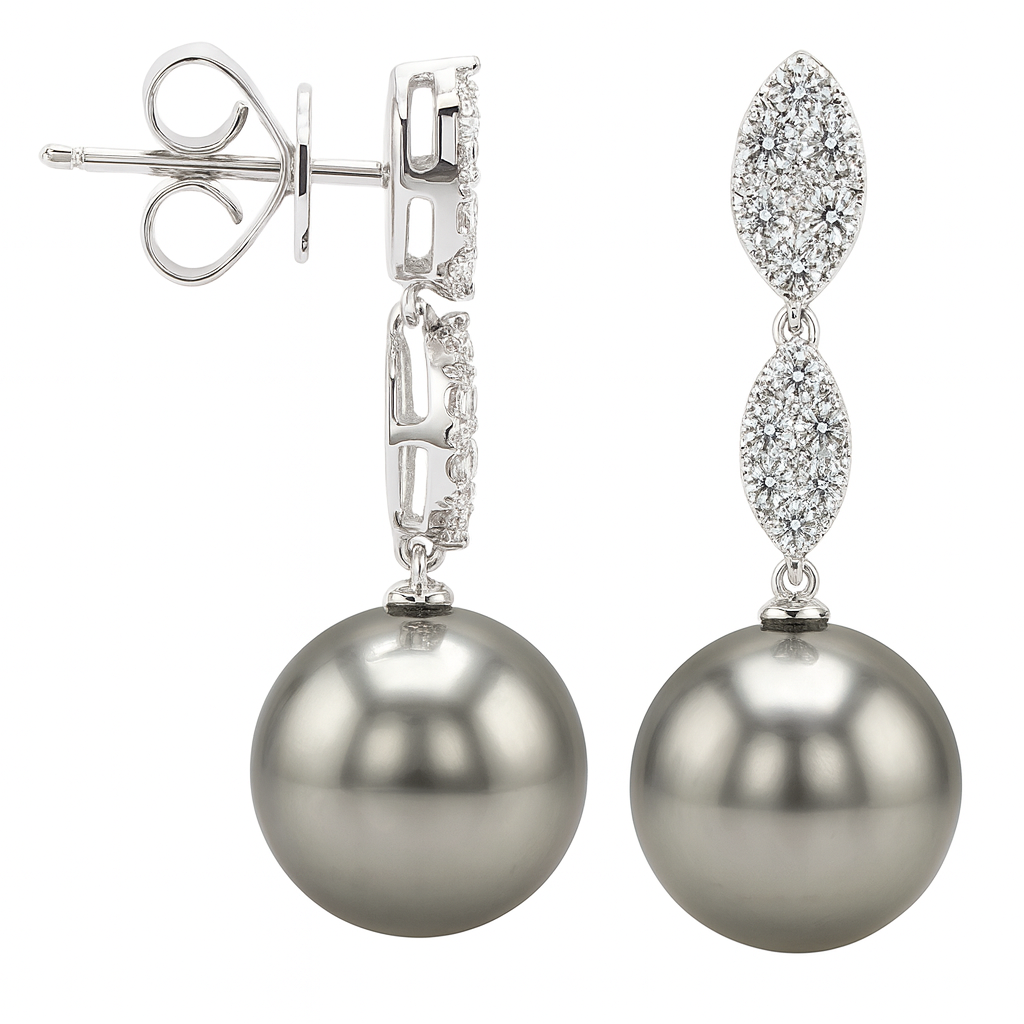18K Yellow Gold Tahitian Pearl Earrings, 11-12mm, 0.45ct