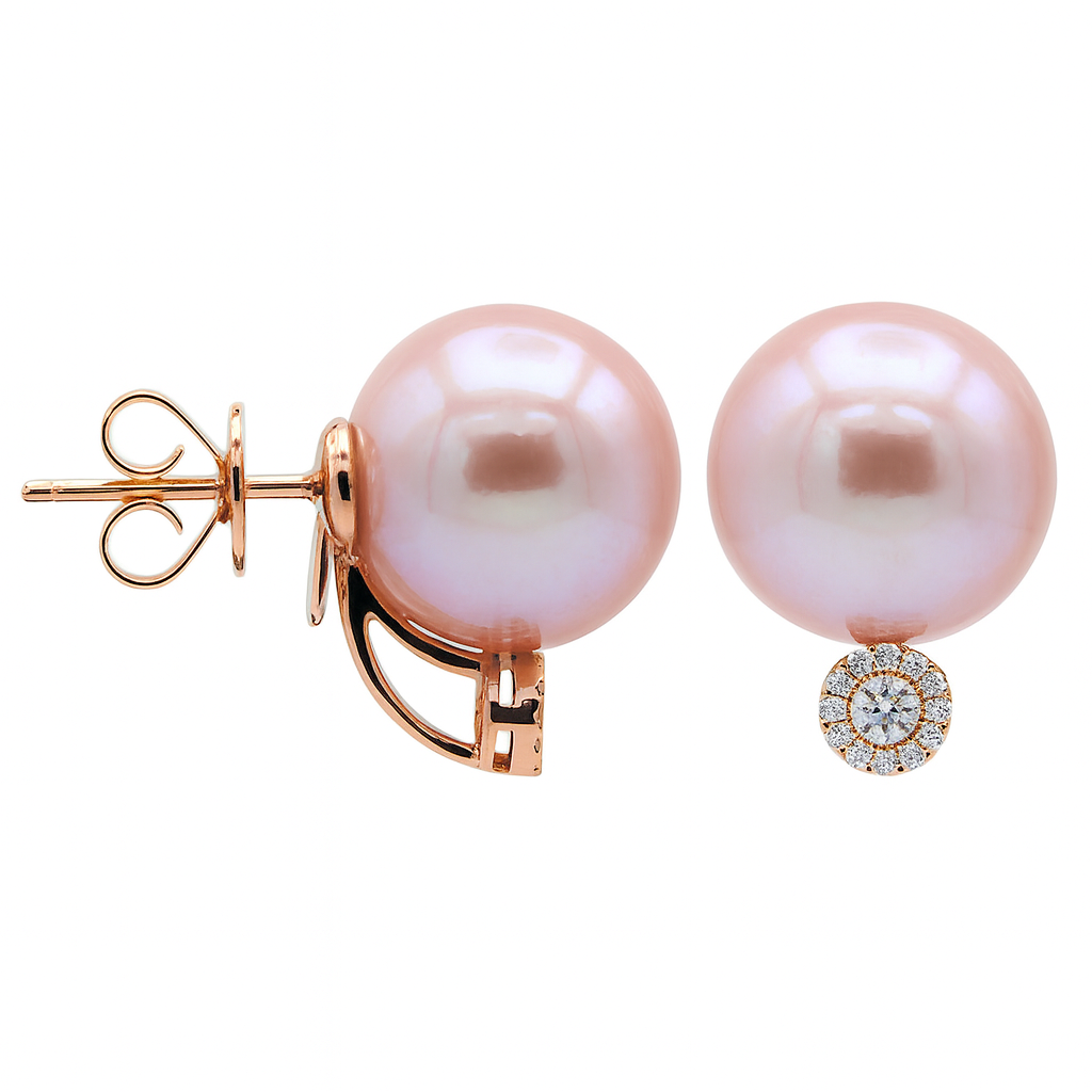 18K Rose Gold Pearl Earrings, 12-13mm, 0.18ct