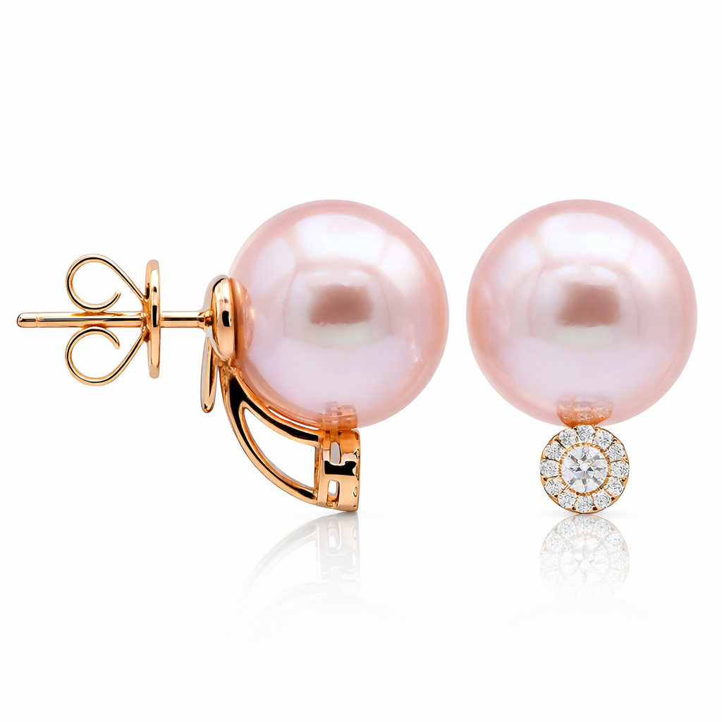 18K Rose Gold Pearl Earrings, 12-13mm, 0.18ct
