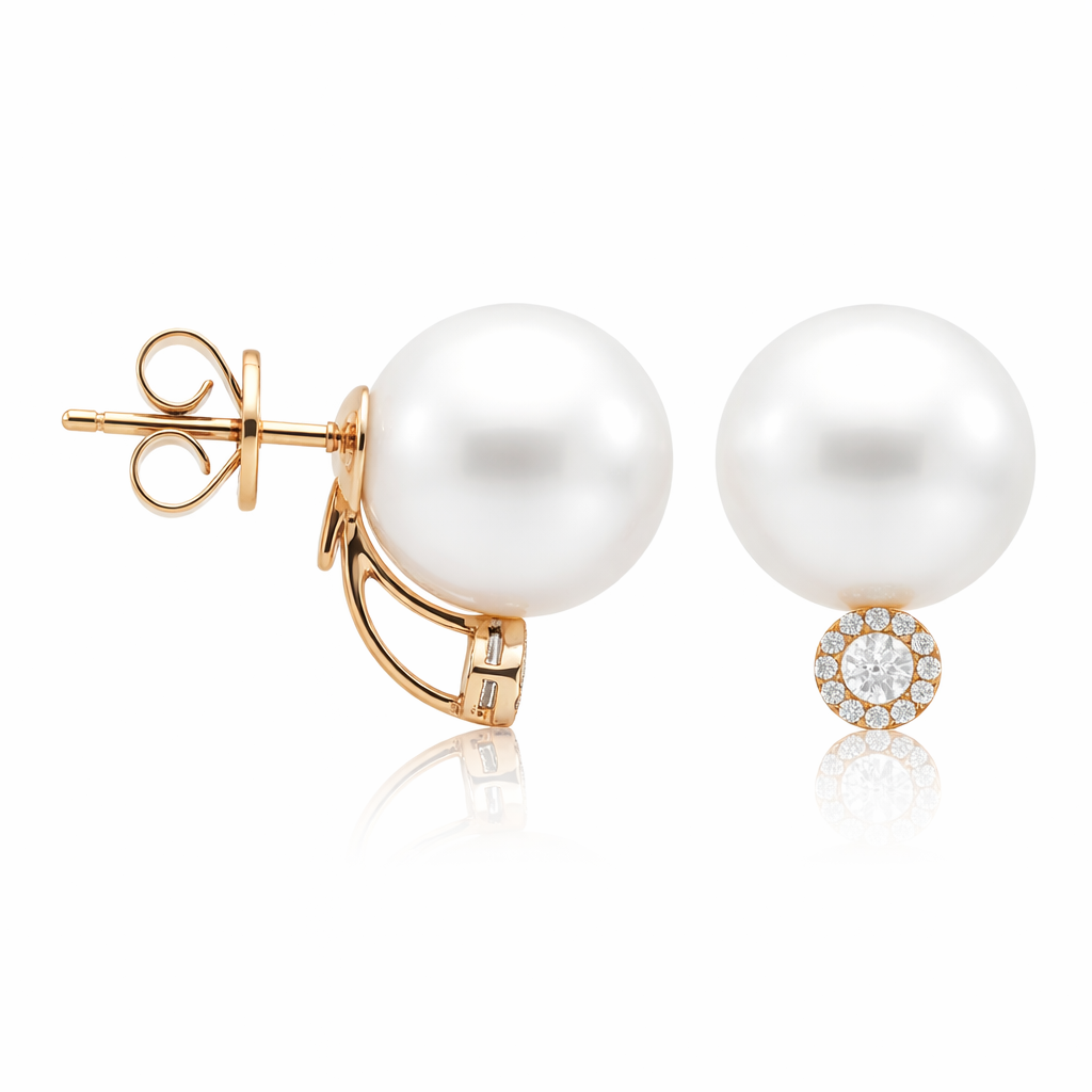18K Rose Gold South Sea Pearl Earrings, 12-13mm, 0.18ct