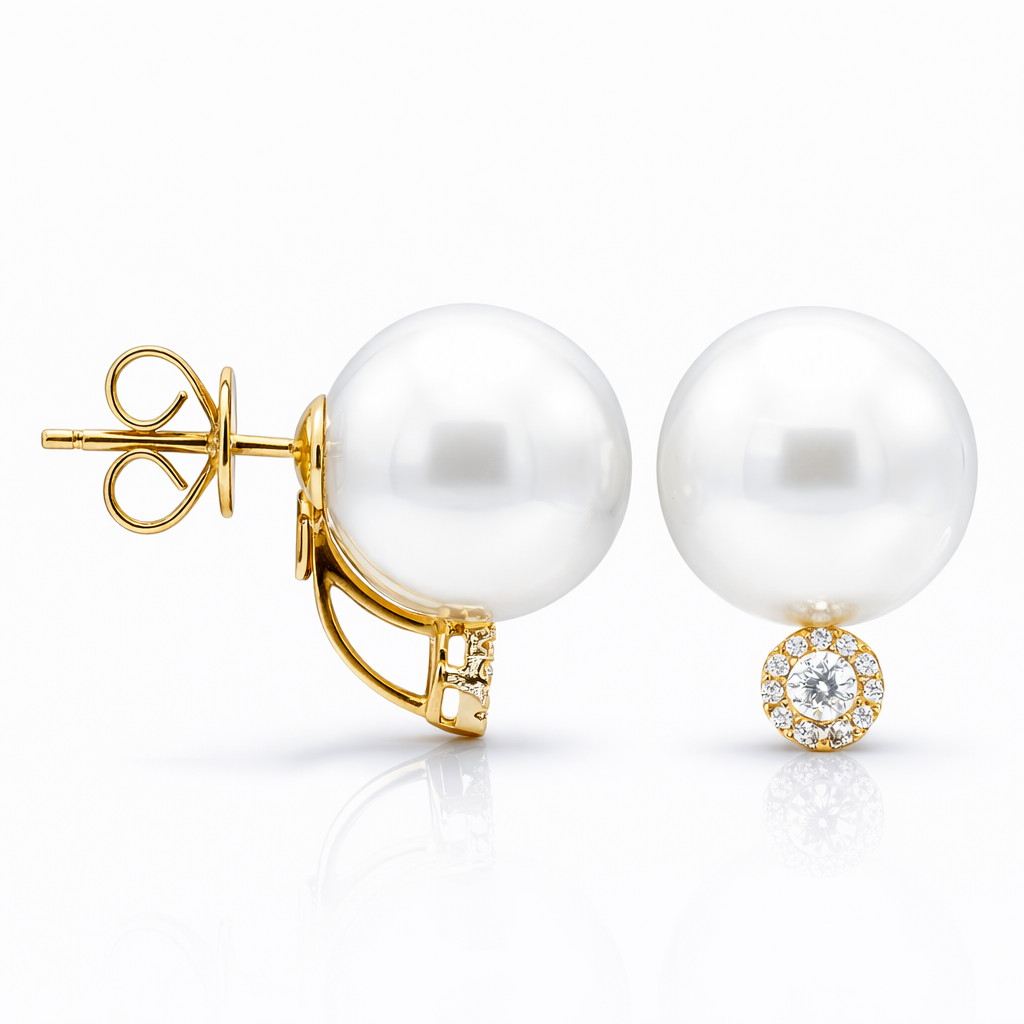 18K Yellow Gold South Sea Pearl Earrings, 12-13mm, 0.18ct