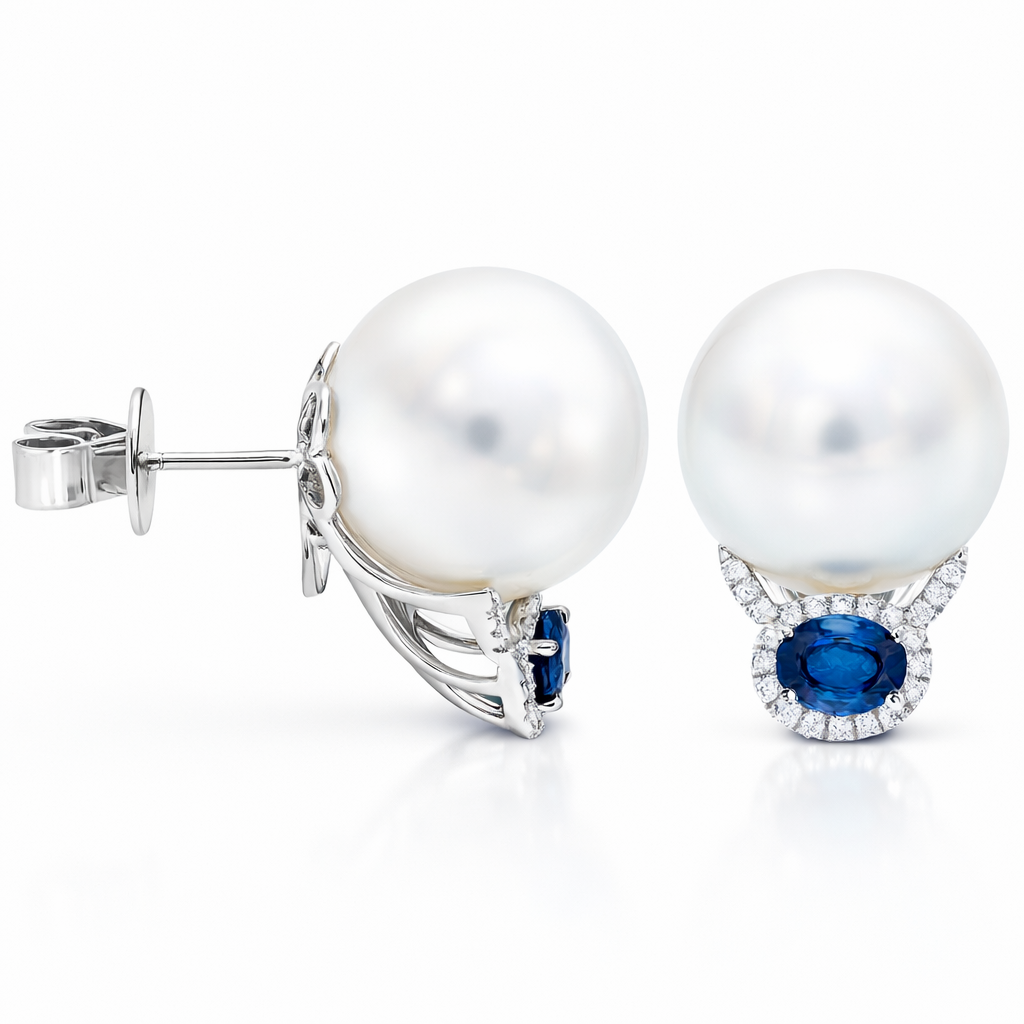 18K White Gold South Sea Pearl Earrings, 13-14mm, 0.83ct