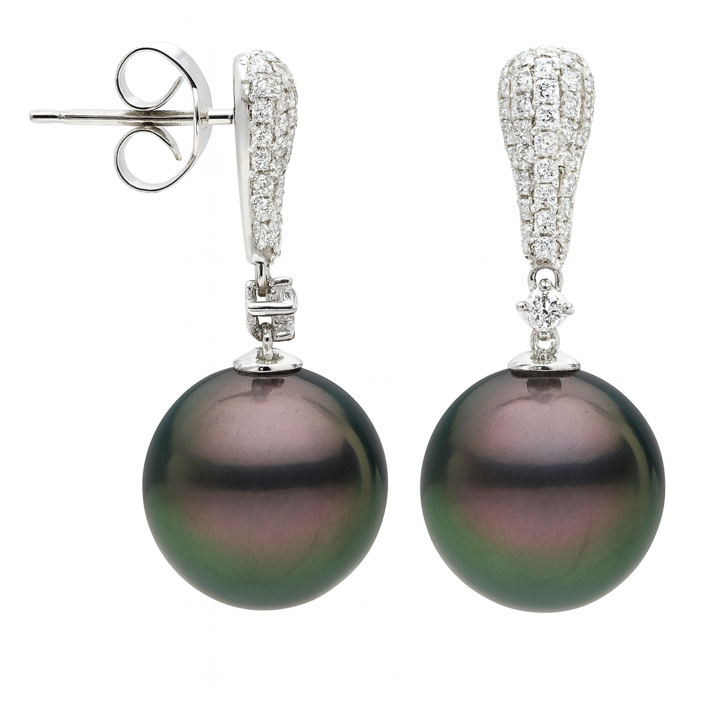 18K White Gold Tahitian Pearl Earrings, 11-12mm, 0.37ct