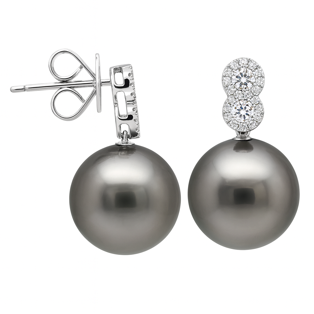 14K White Gold Tahitian Pearl Earrings, 10-11mm, 0.33ct